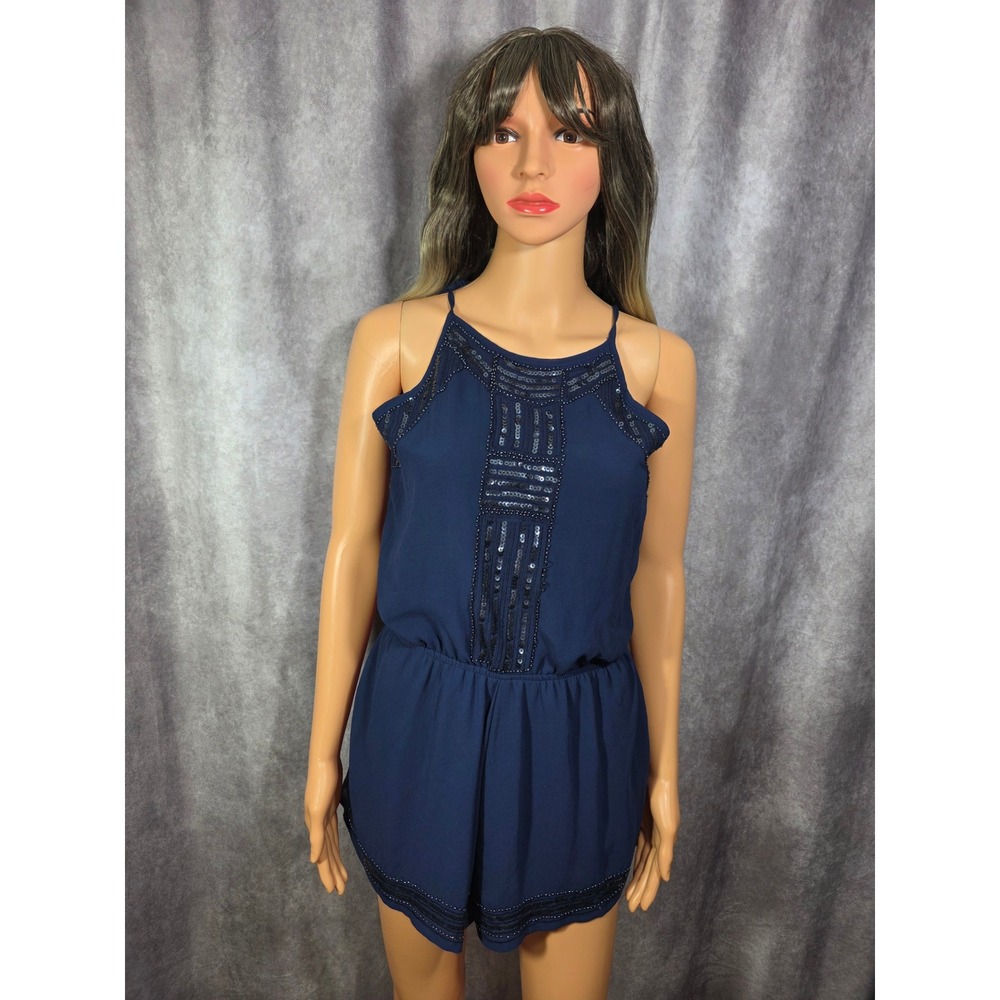 Alya Navy Blue Sequin Embellished Sleeveless Romper adjustable‎ neckline